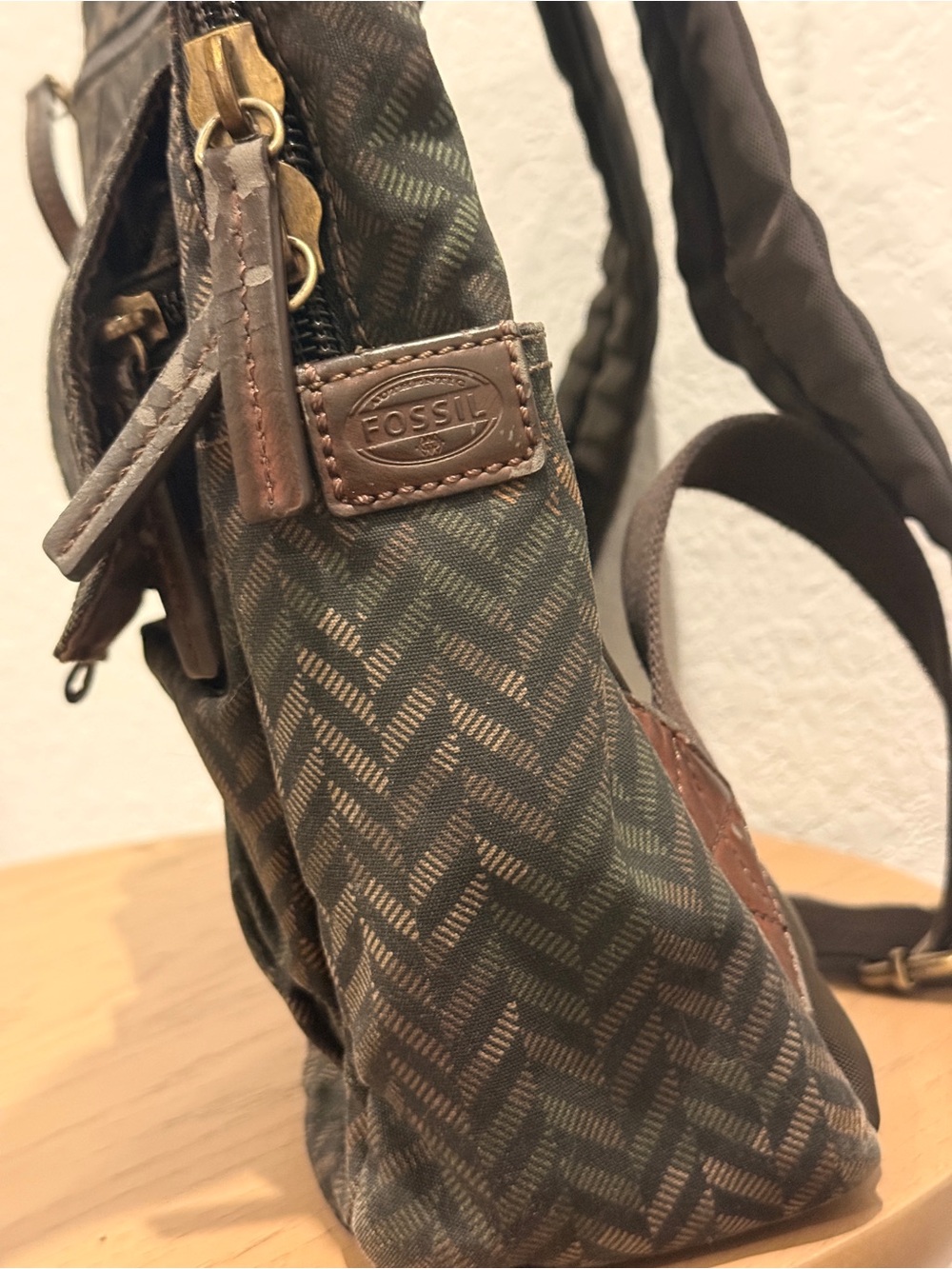 Men's Olive Chevron Pattern Distressed Backpack - Picture 4 of 14